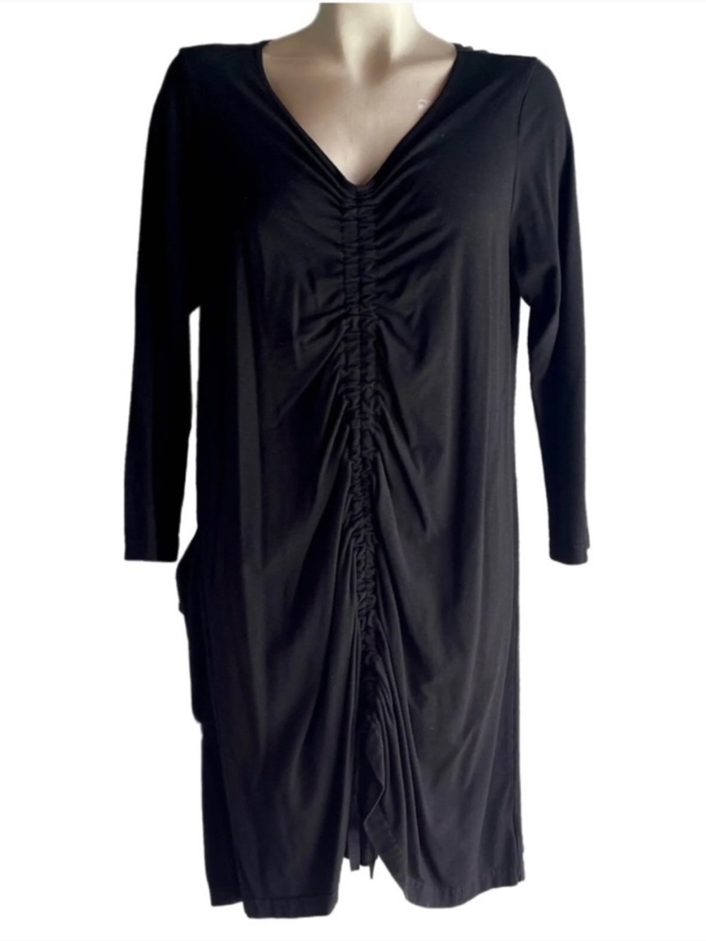 BRYN WALKER BLACK RUCHED JERSEY JOSIE TUNIC STRAIGHT SHIFT DRESS SZ XS - Picture 2 of 7